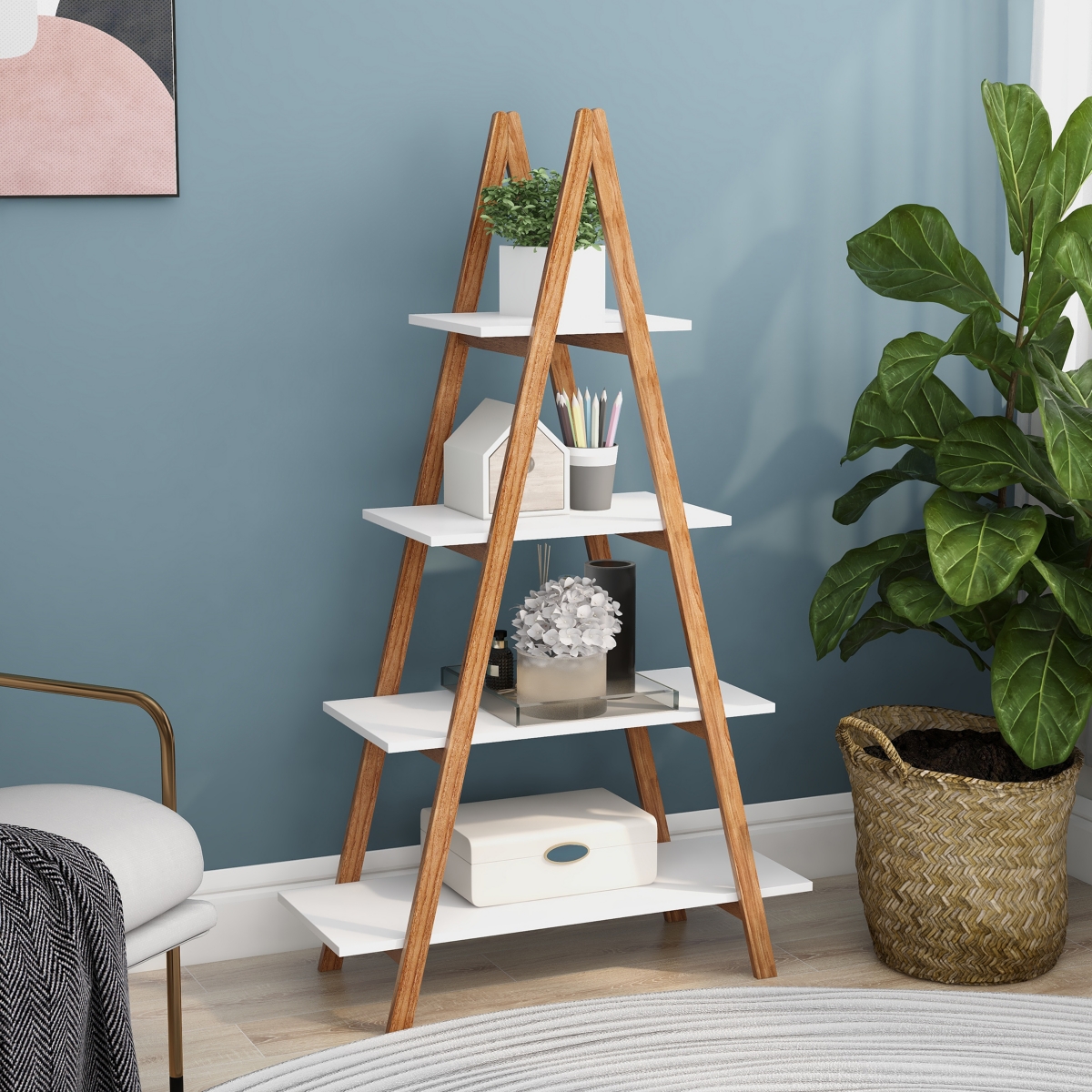 Solid Bamboo Wood Oxford A Frame Ladder Display Bookshelf - White