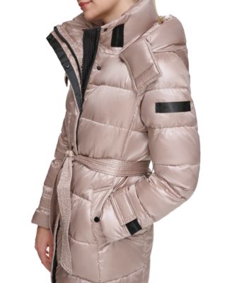 KARL LAGERFELD PARIS Women's Belted Hooded Short Down Puffer Coat - Macy's