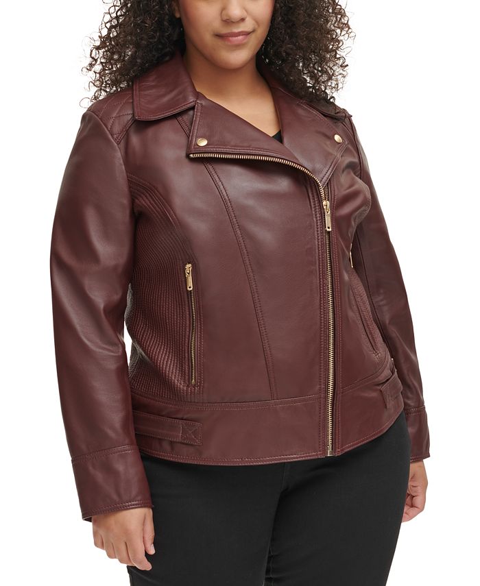 GUESS Women's Plus Size Quilted-Sleeve Leather Moto Coat, Created for ...