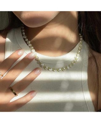 18K Gold Plated Freshwater Pearls with Green Glass Beads- Green Bean Necklace 17" For Women