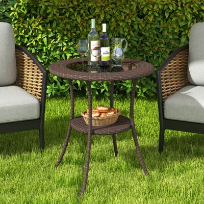 Round Rattan Wicker Coffee Table Glass Top Steel Frame Patio Furni W/Lower Shelf