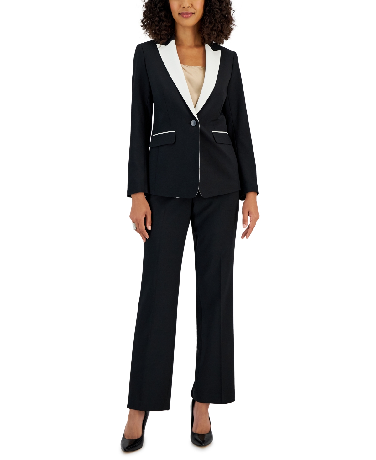 Women's Crepe Contrast-Collar Jacket & Kate Straight-Leg Pants - Ivory/Black