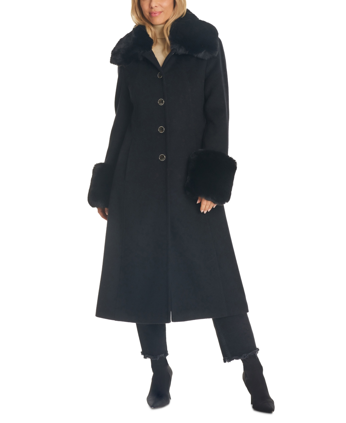 Women's Single-Breasted Faux-Fur-Trimmed Wool Blend Coat - Black