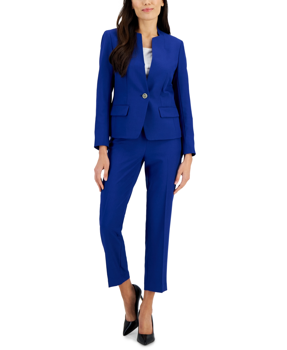 Single-Button Blazer and Slim-Fit Pantsuit, Regular and Petite Sizes - Twilight Blue