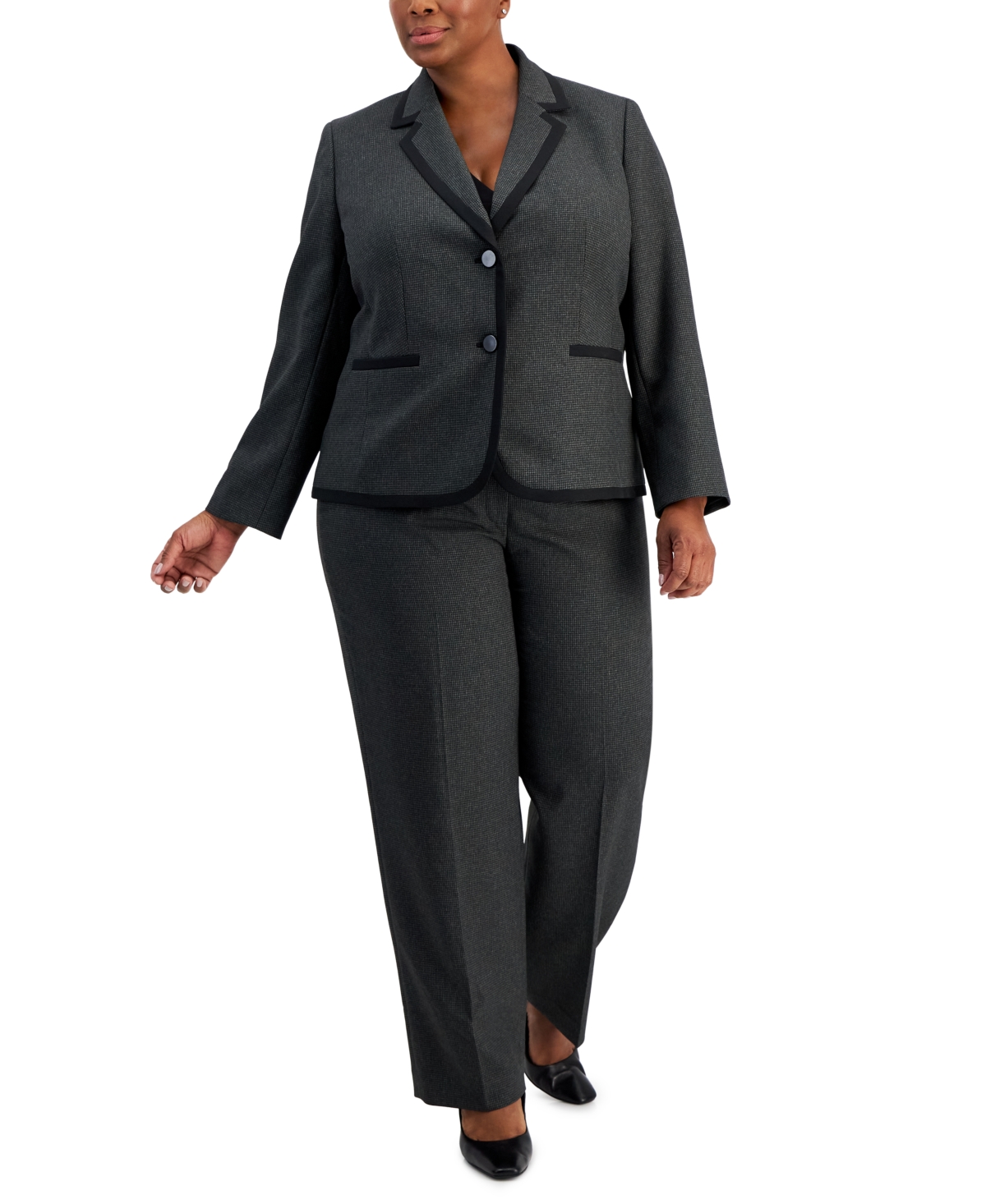 Plus Size Houndstooth Framed Double-Button Jacket & Straight-Leg 2-Pc. Pantsuit - Smoke/Black