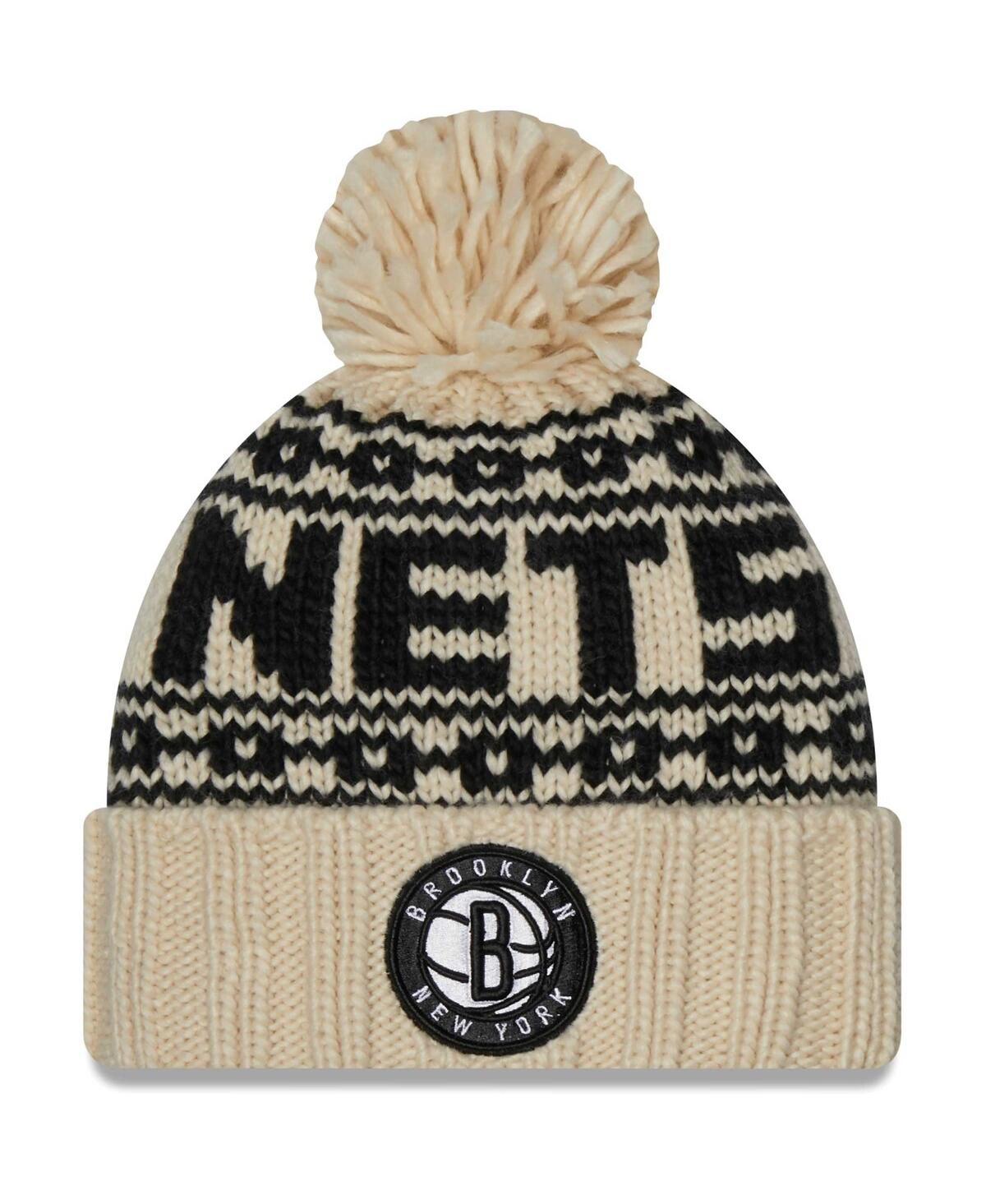 Shop New Era Women's  Cream Brooklyn Nets Sport Cuffed Knit Hat With Pom
