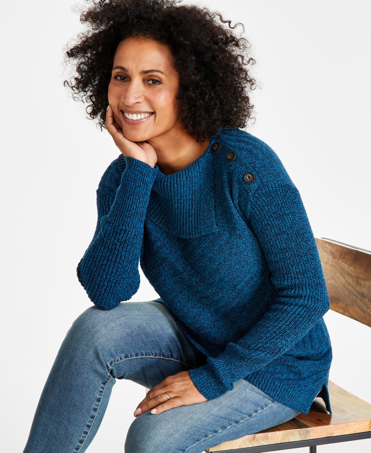 Style & Co Petite Ribbed Button-detail Tunic Sweater Created For Macy's In Caspian Blue Marl