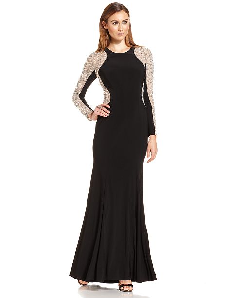 XSCAPE Long-Sleeve Studded Colorblocked Gown & Reviews - Dresses - Women - Macy&#39;s