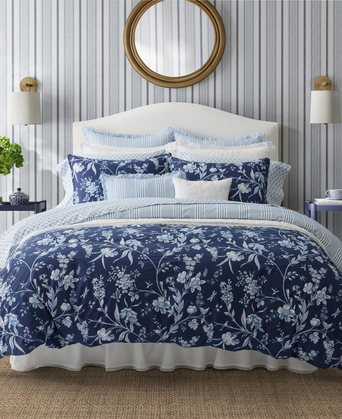 Shop Laura Ashley Branch Toile Cotton Reversible 7 Piece Comforter Set, King In Porcelain Blue