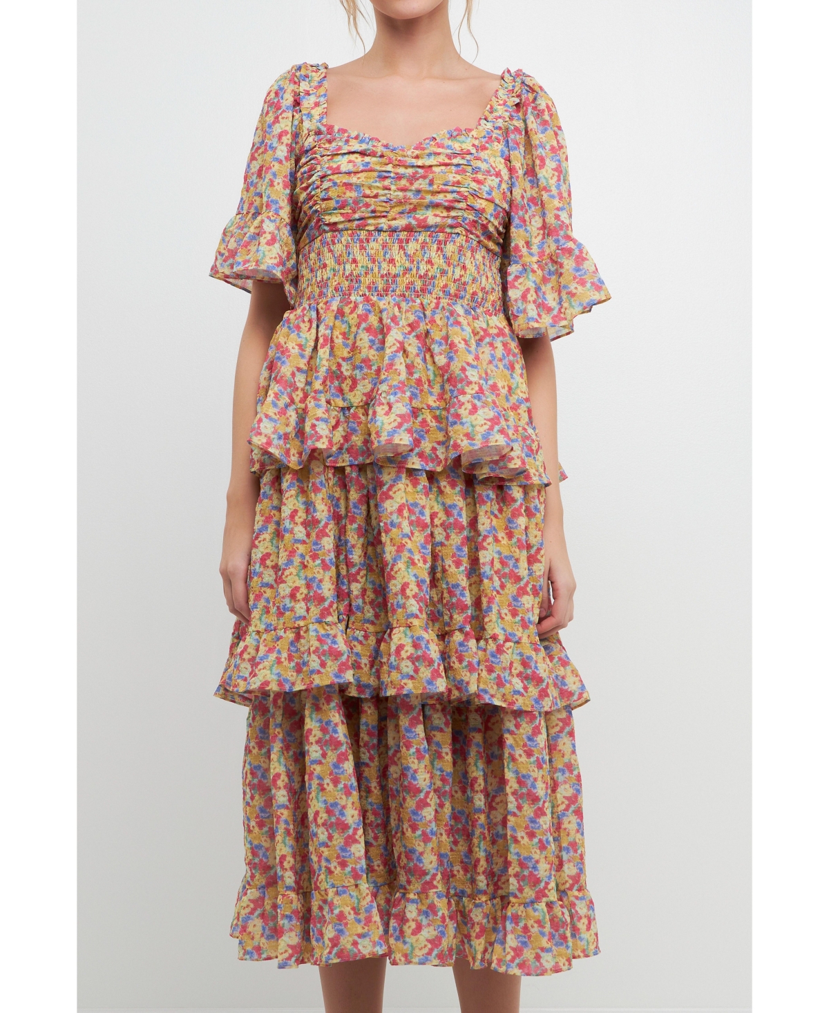 Women's Floral Smocked Ruffle Tiered Midi Dress - Mustard combo