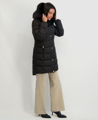 Womens Velvet Bibbed Faux-Fur Hooded Puffer Coat