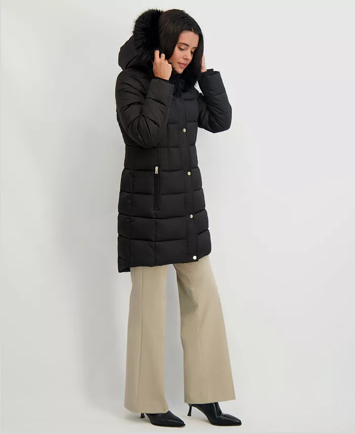 Womens Velvet Bibbed Faux-Fur Hooded Puffer Coat - thumbnail 4