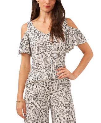 Vince Camuto - Women's Printed Cold-Shoulder Flutter-Sleeve Top