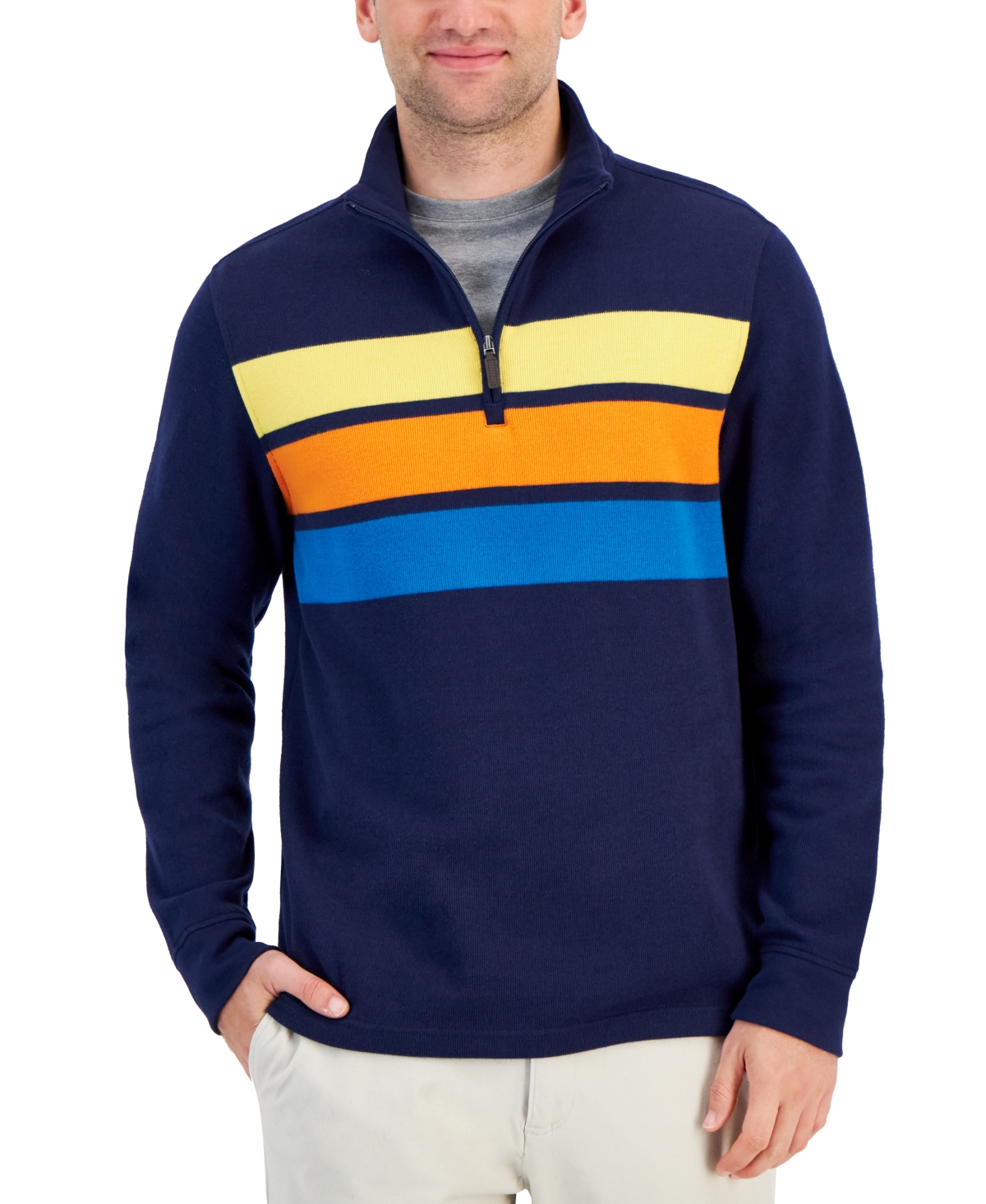 Club Room Men's Ribbed Retro-stripe Sweatshirt, Created For Macy's In Navy Blue