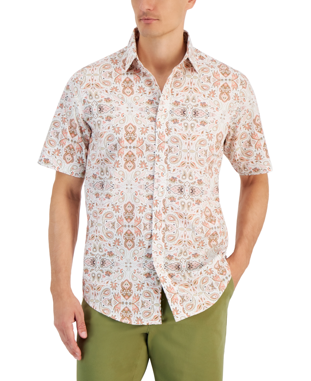 Club Room Men's Elevated Boho Paisley Short Sleeve Cotton Shirt, Created For Macy's In Winter Ivory