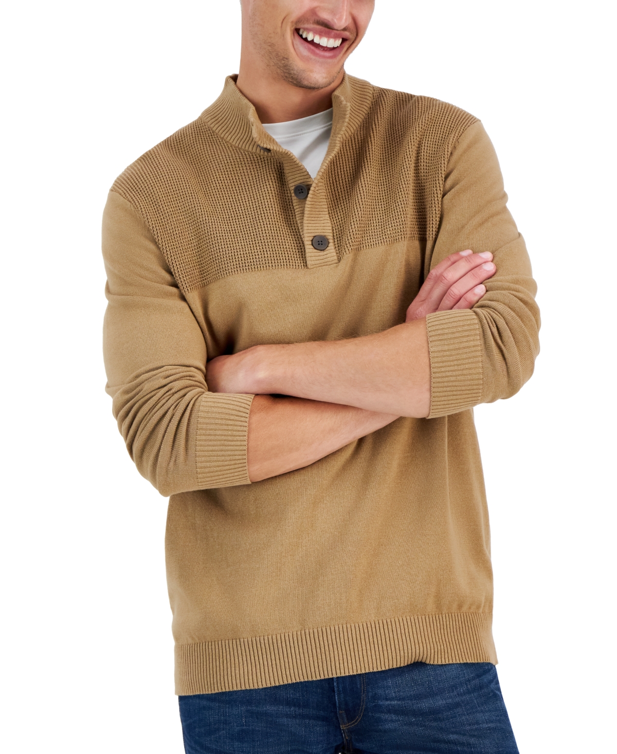 Club Room Men's Button Mock Neck Sweater, Created For Macy's In Moca