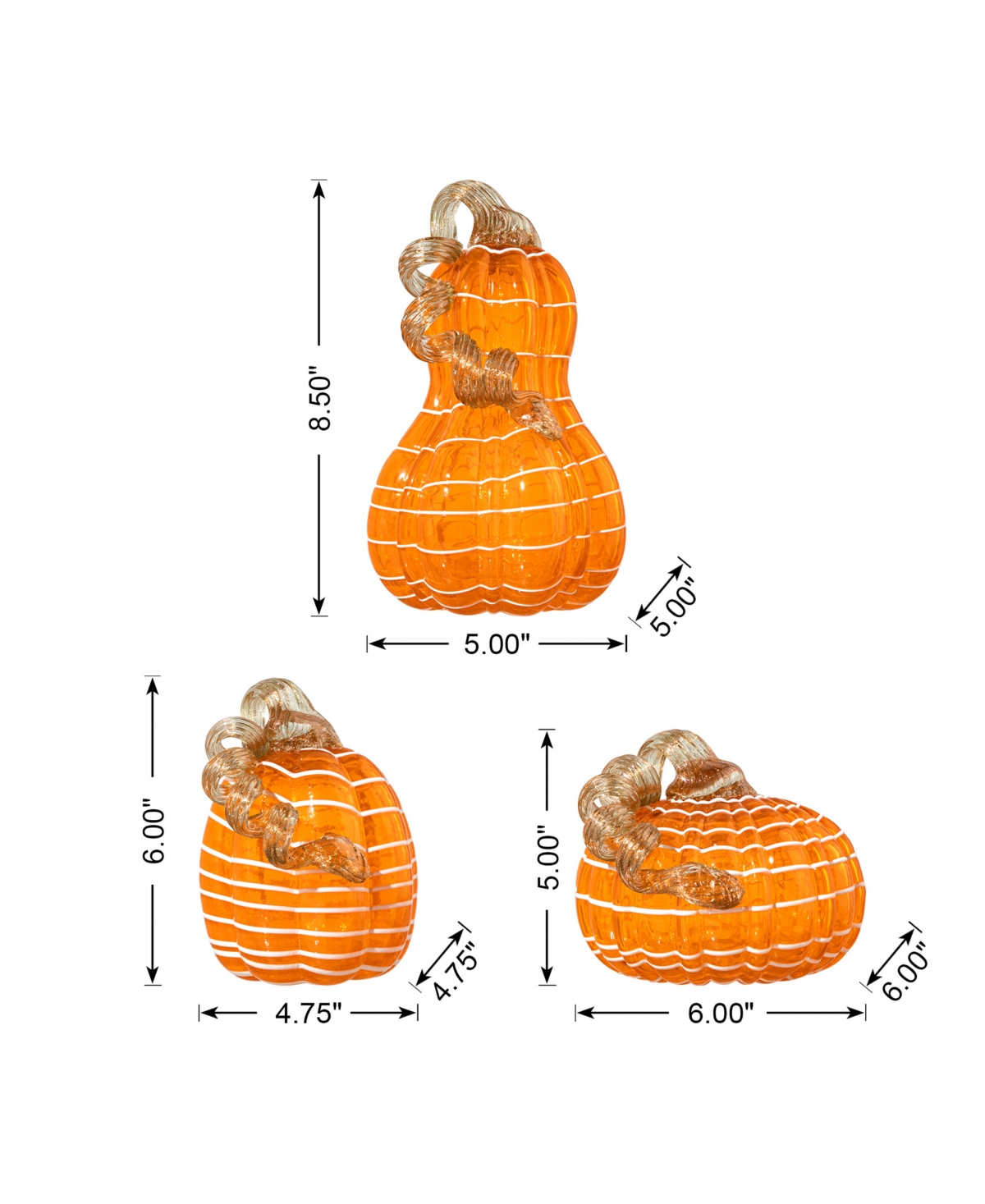 Glitzhome White Lines Glass Pumpkin Gourd, Set of 3