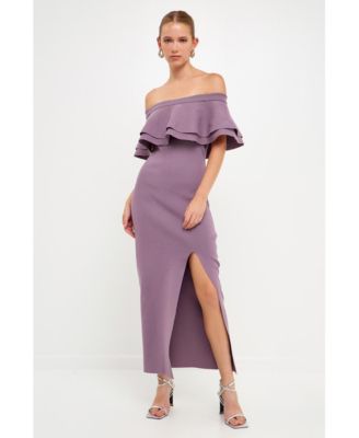 Women's Off the Shoulder Ruffle Maxi Dress with Leg Slit