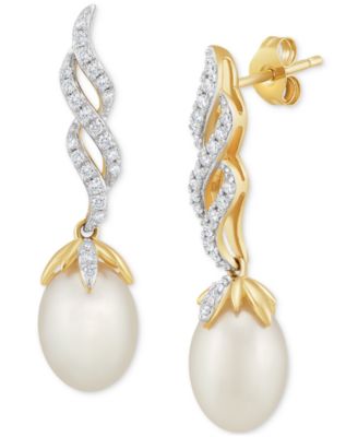 Cultured Freshwater Pearl (7 - 7 1/2mm) & Diamond (1/5 ct. t.w.) Twist Drop Earrings in 10k Gold