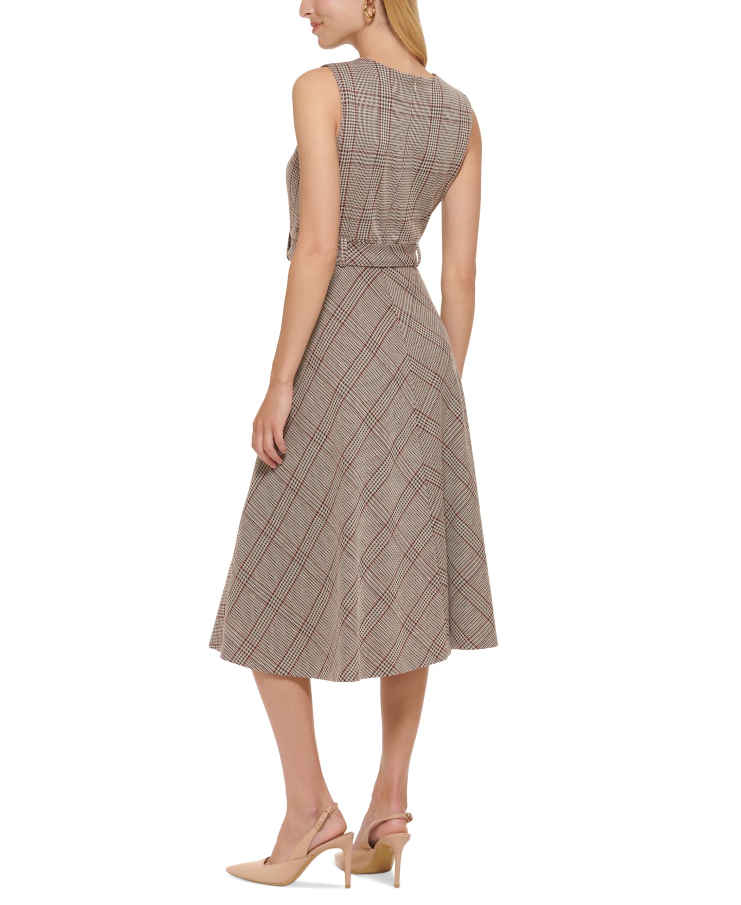 Женское платье Calvin Klein Menswear Plaid Belted Midi, цвет: Хаки / Красный разноцветный — фото 2