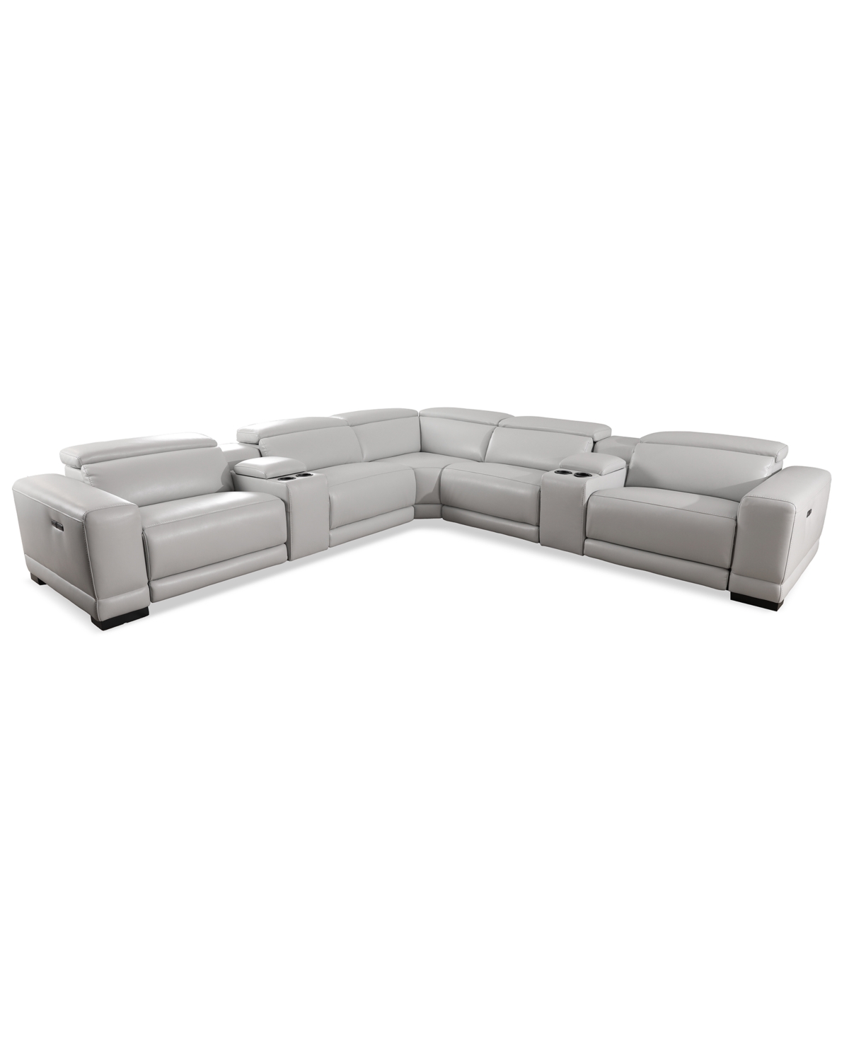 Furniture Krofton 7-pc. Beyond Leather Fabric Sectional With 3 Power Motion Recliners And 2 Consoles, Created In Fog