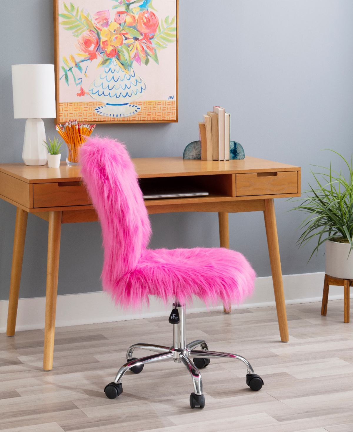 Linon Home Decor Albion Armless Swivel Office Chair In Pink Faux Fur