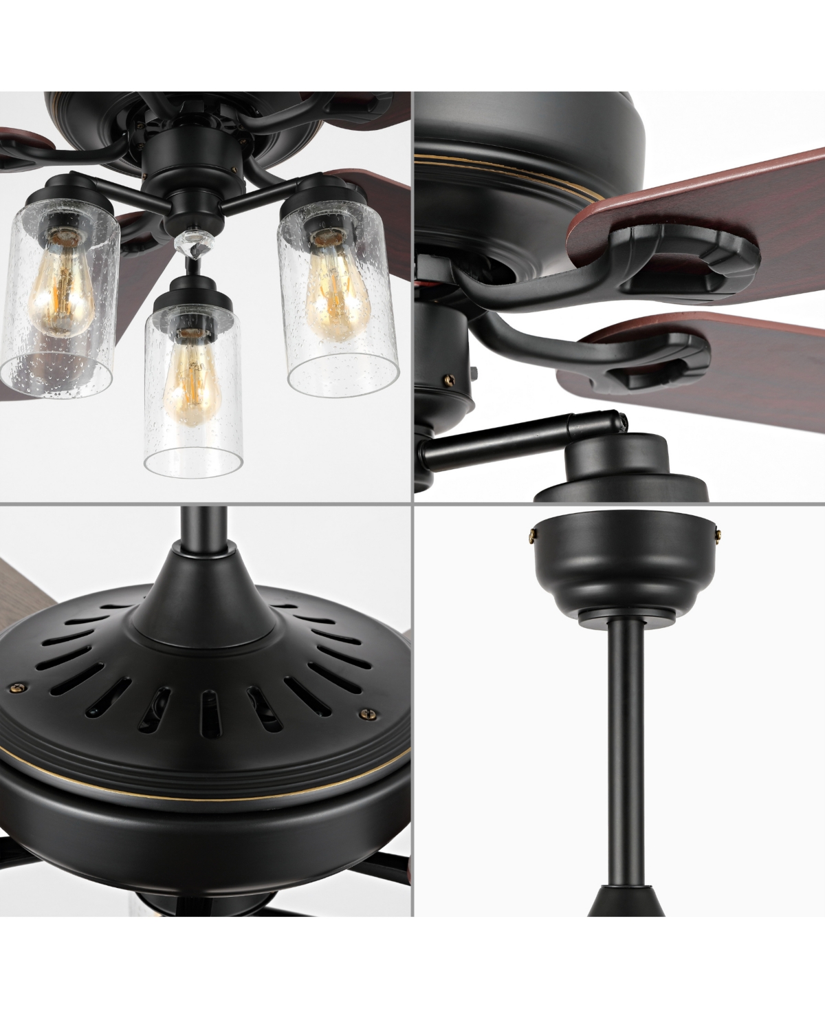 Lucas 3-Light Rustic Industrial Iron, Wood, Seeded Glass Mobile-App, Remote-Controlled Led Ceiling Fan