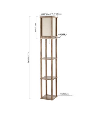 Etagere 63.5" Rustic Bohemian Wooden LED 3-Shelf Floor Lamp with Pull-Chain, USB Charging Port and Smart Bulb