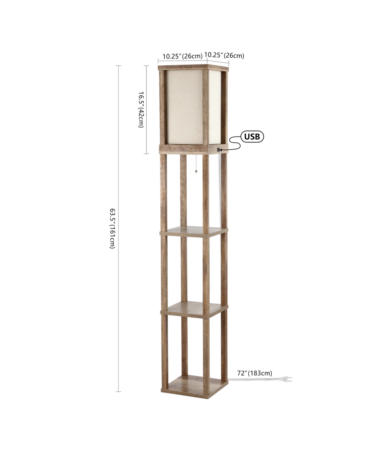 Etagere Rustic Bohemian Wooden Led 3-Shelf Floor Lamp with Pull-Chain, Usb Charging Port and Smart Bulb