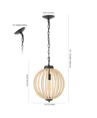 Abril 12.5" 1-Light Rustic Bohemian Iron, Wood Bead LED Pendant