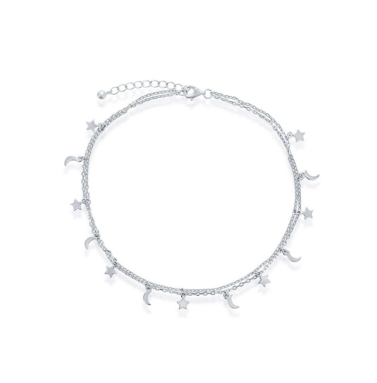 Sterling Silver Moon and Star Double Strand Anklet - Silver
