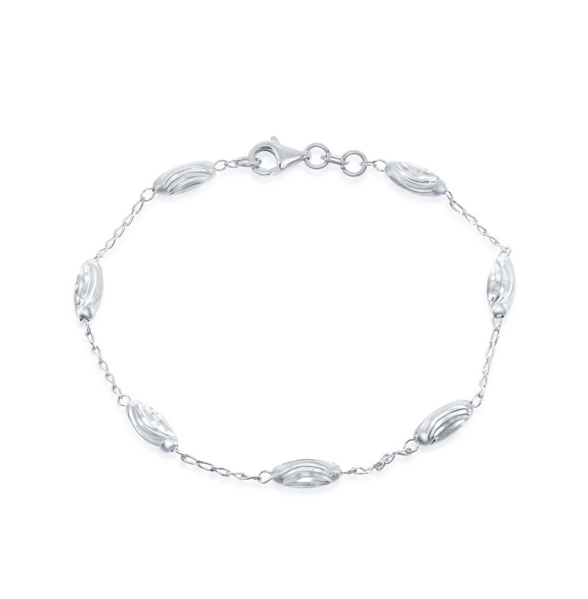 Sterling Silver Diamond Moon Cut Oval Bead Anklet - Silver