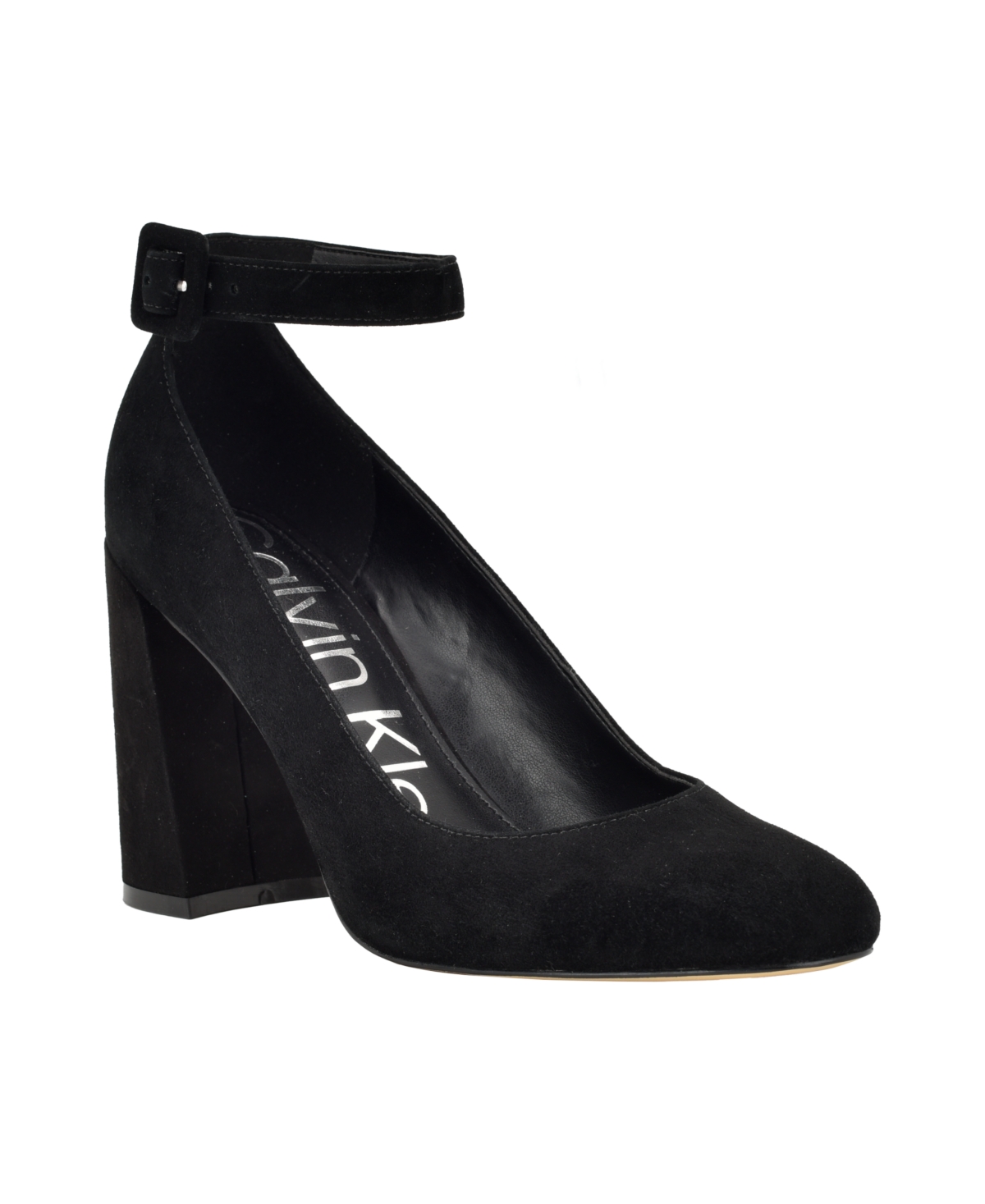 Shop Calvin Klein Women's Fionna Ankle Strap Block Heel Pumps In Black Suede