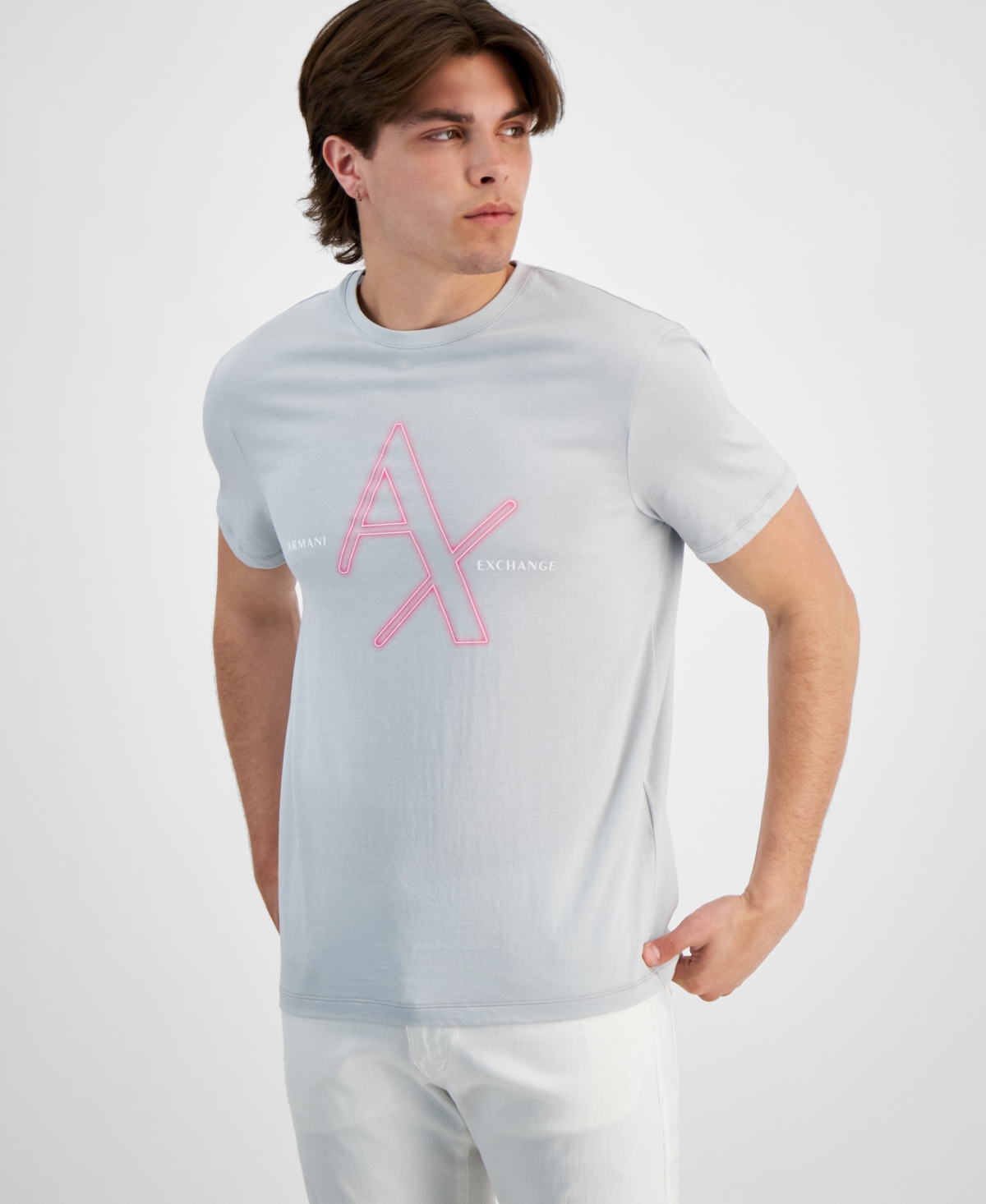 A X Armani Exchange Men's Neon Logo Graphic T-shirt, Created For Macy's In Pearl Blue/ Pink Glow