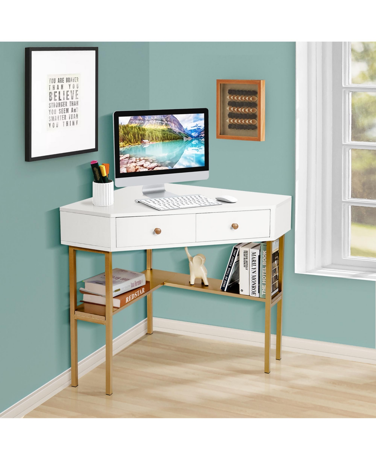 Costway Corner Computer Desk Writing Workstation Study Desk w/ 2 Drawers