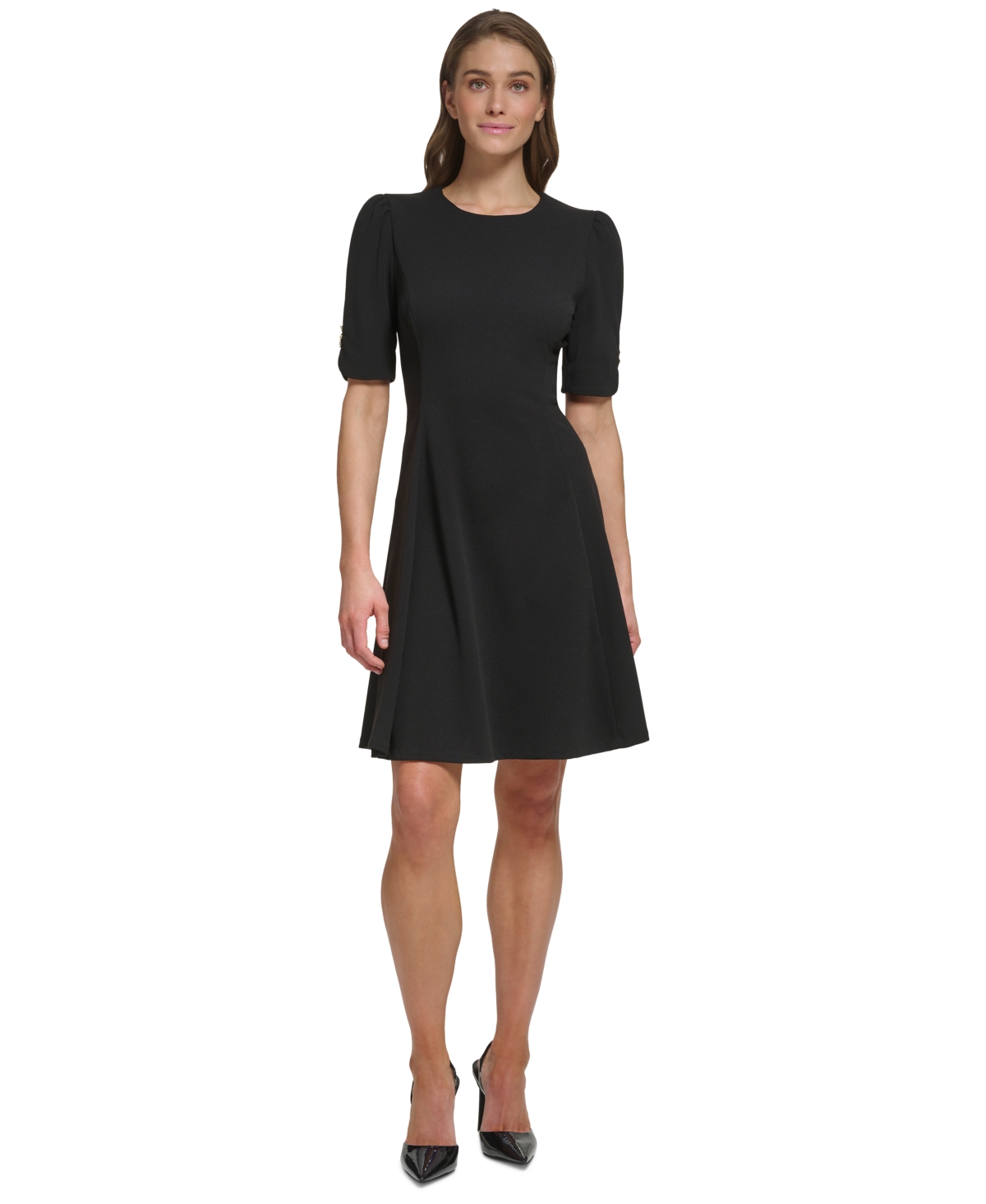 Dkny Women's Button-detail Short-sleeved Fit & Flare Dress In Black
