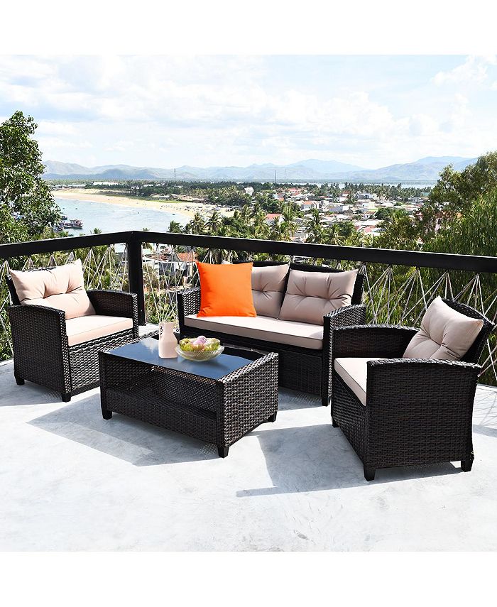 Costway 4PCS Outdoor Rattan Furniture Set Cushioned Sofa Armrest Table