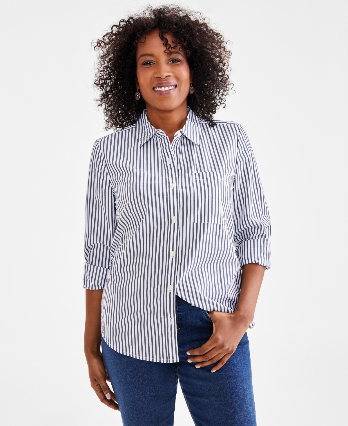 Style & Co Petite Printed Perfect Shirt, Created For Macy's In Stripe White