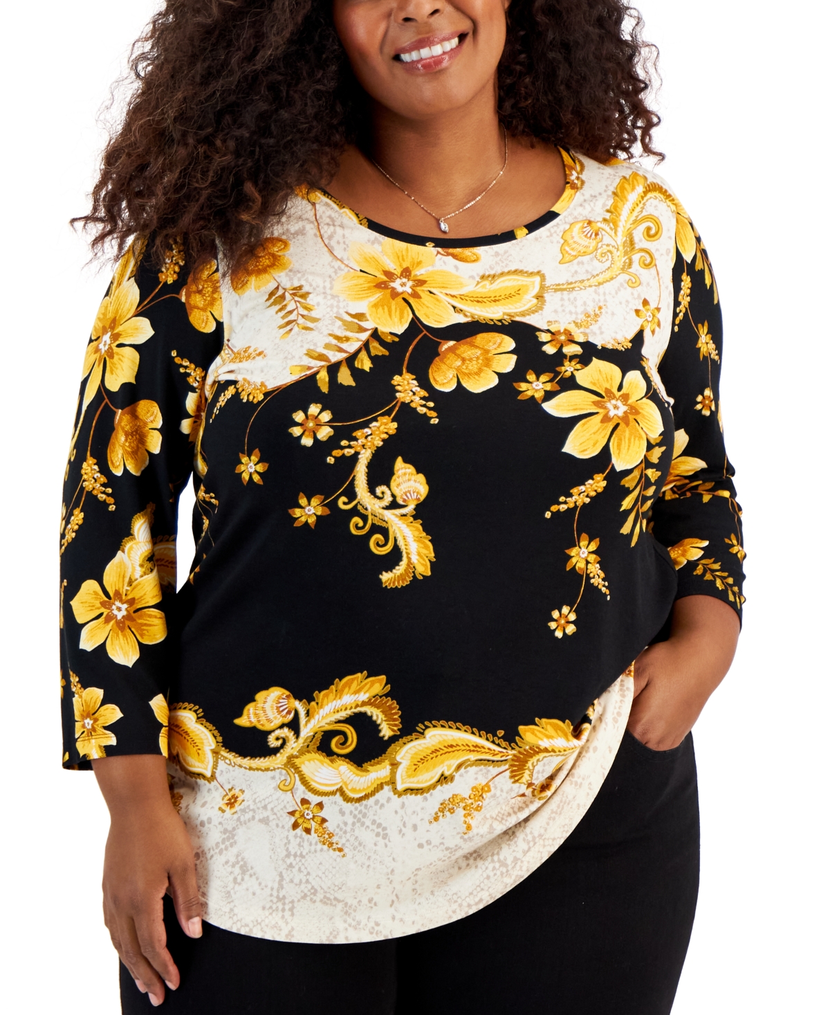 Jm Collection Plus Size Printed 3/4-sleeve Top, Created For Macy's In Deep Black Combo