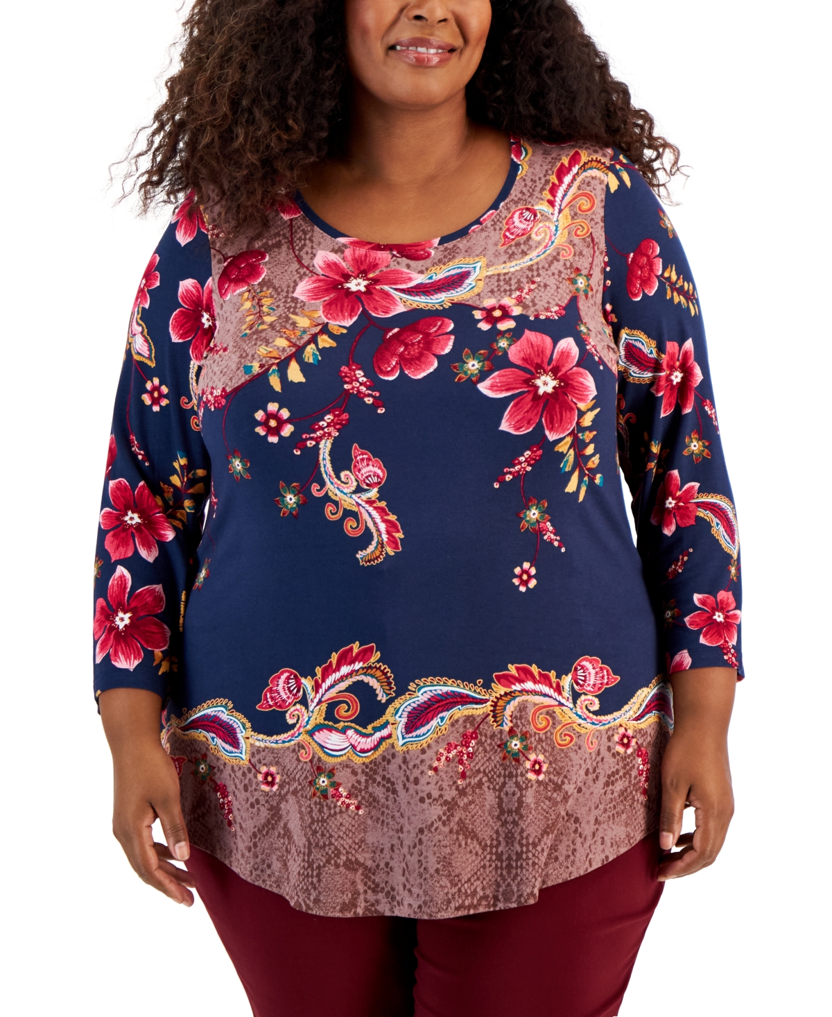 Jm Collection Plus Size Printed 3/4-sleeve Top, Created For Macy's In Intrepid Blue Combo