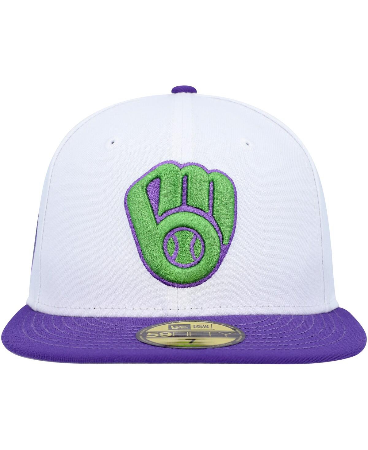 NEW ERA MEN'S NEW ERA WHITE MILWAUKEE BREWERS 50TH ANNIVERSARY SIDE PATCH 59FIFTY FITTED HAT 