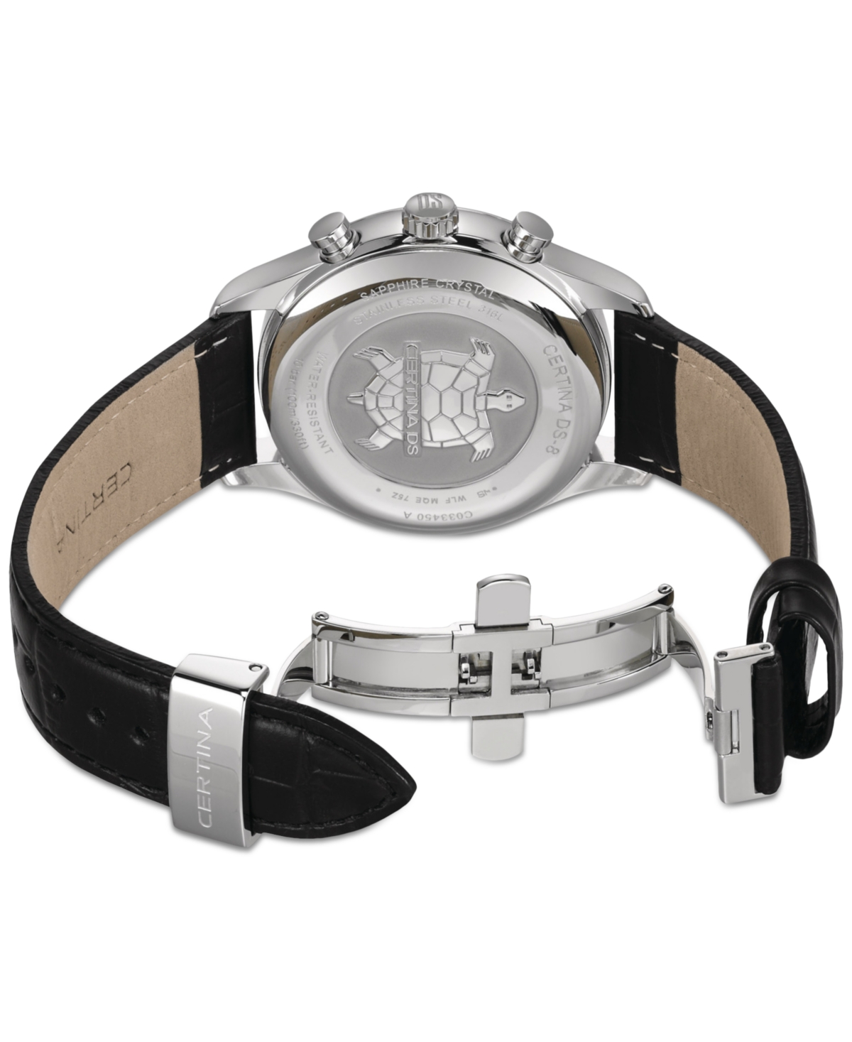 CERTINA MEN'S SWISS CHRONOGRAPH DS-8 MOON PHASE BLACK LEATHER STRAP WATCH 42MM 
