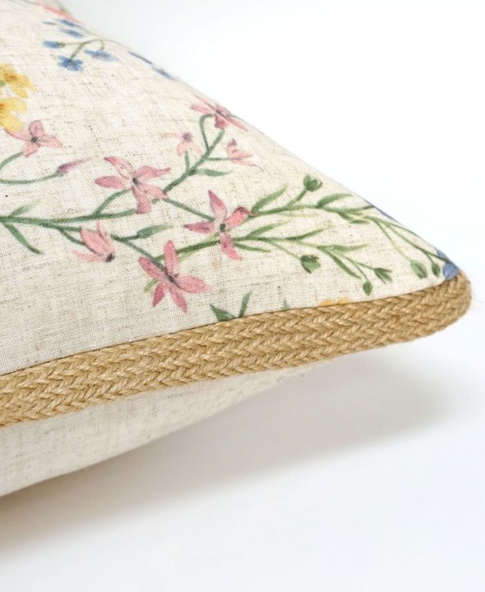 Millihome All Over Floral Print Linen Jute Decorative Pillow, 20" x 20