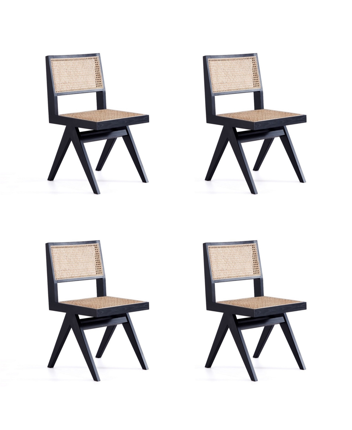 Manhattan Comfort Hamlet 4-piece Ash Wood And Natural Cane Rectangular Seat Dining Chair In Black And Natural Cane