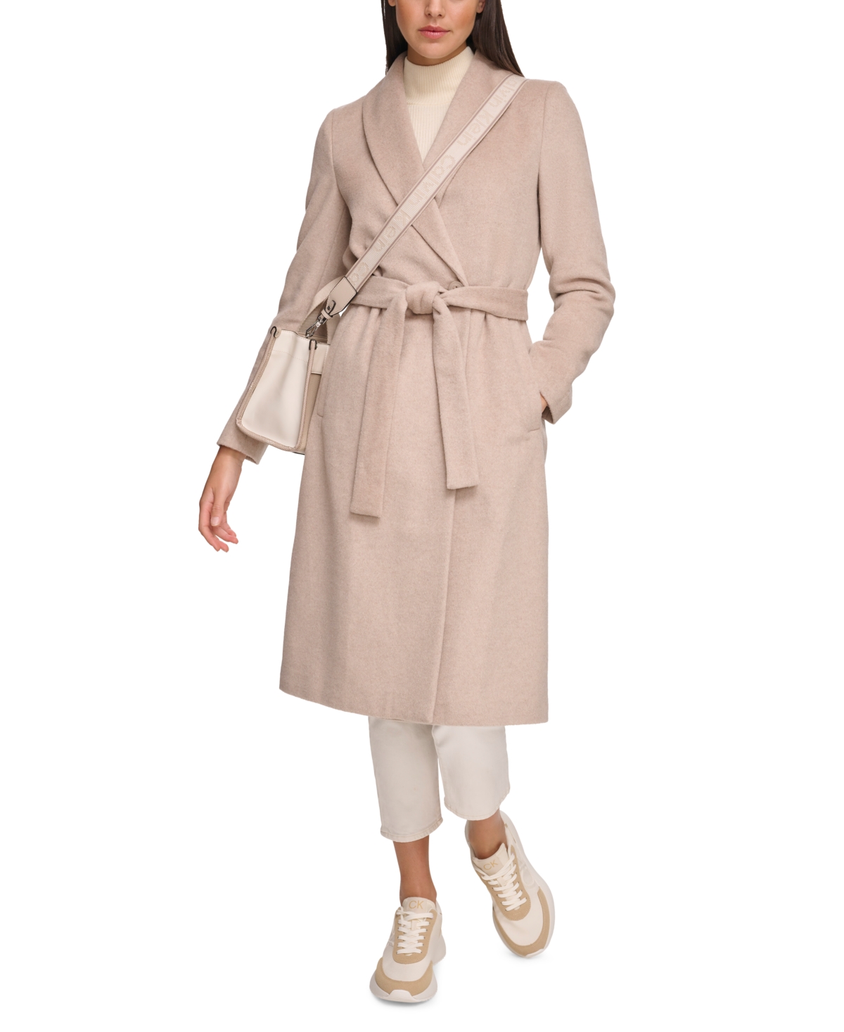 Calvin Klein Women's Wool Blend Belted Wrap Coat In Bone
