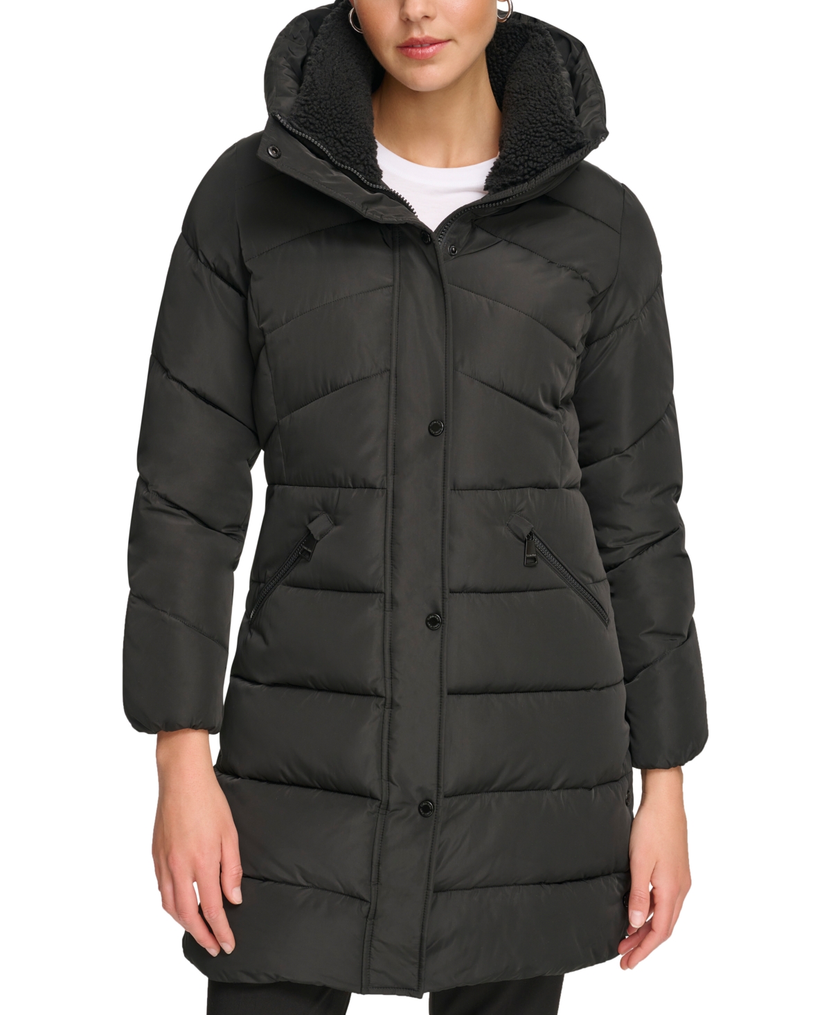 Calvin Klein Women's Petite Faux-sherpa Collar Hooded Stretch Puffer Coat, Created For Macy's In Black