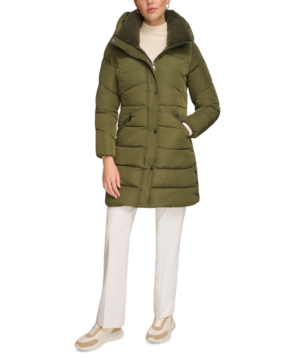 Shop Calvin Klein Women's Petite Faux-sherpa Collar Hooded Stretch Puffer Coat, Created For Macy's In Eden