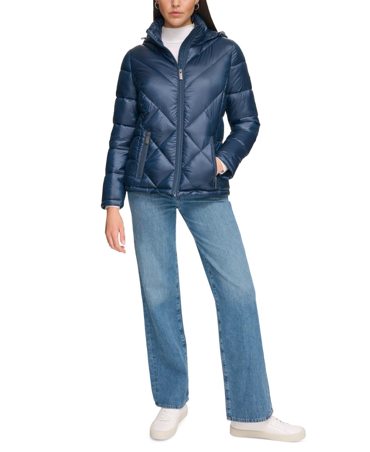 Calvin Klein Women's Shine Hooded Packable Puffer Coat, Created For Macy's In Shine Slate Blue