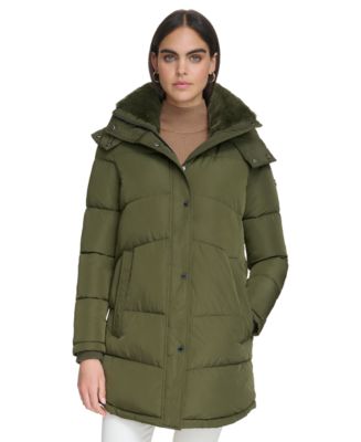 Calvin Klein Women's Faux-Fur-Trim Hooded Puffer Coat, Created for Macy ...