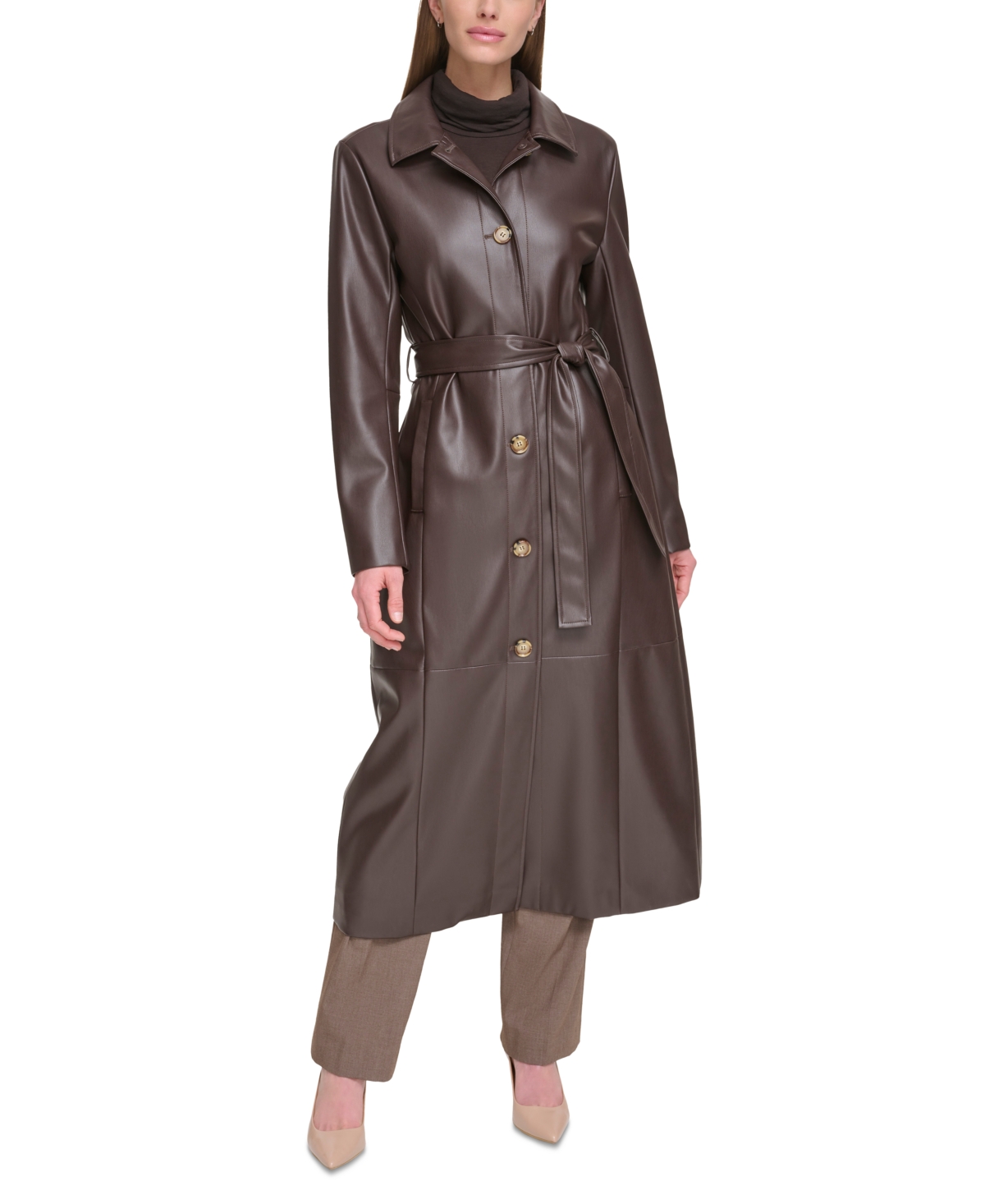 Calvin Klein Women's Belted Faux-leather Trench Coat In Chocolate